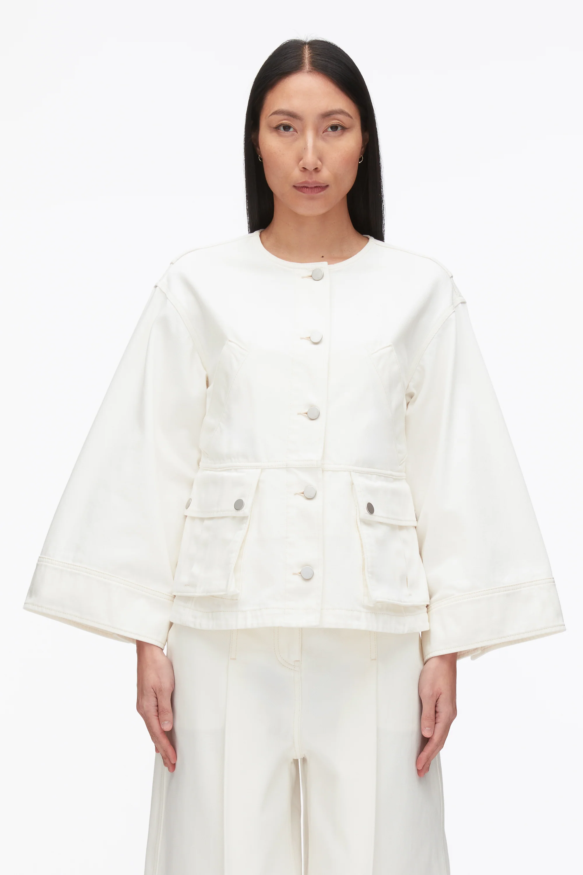 Collarless Trapeze Denim Jacket - Image 11