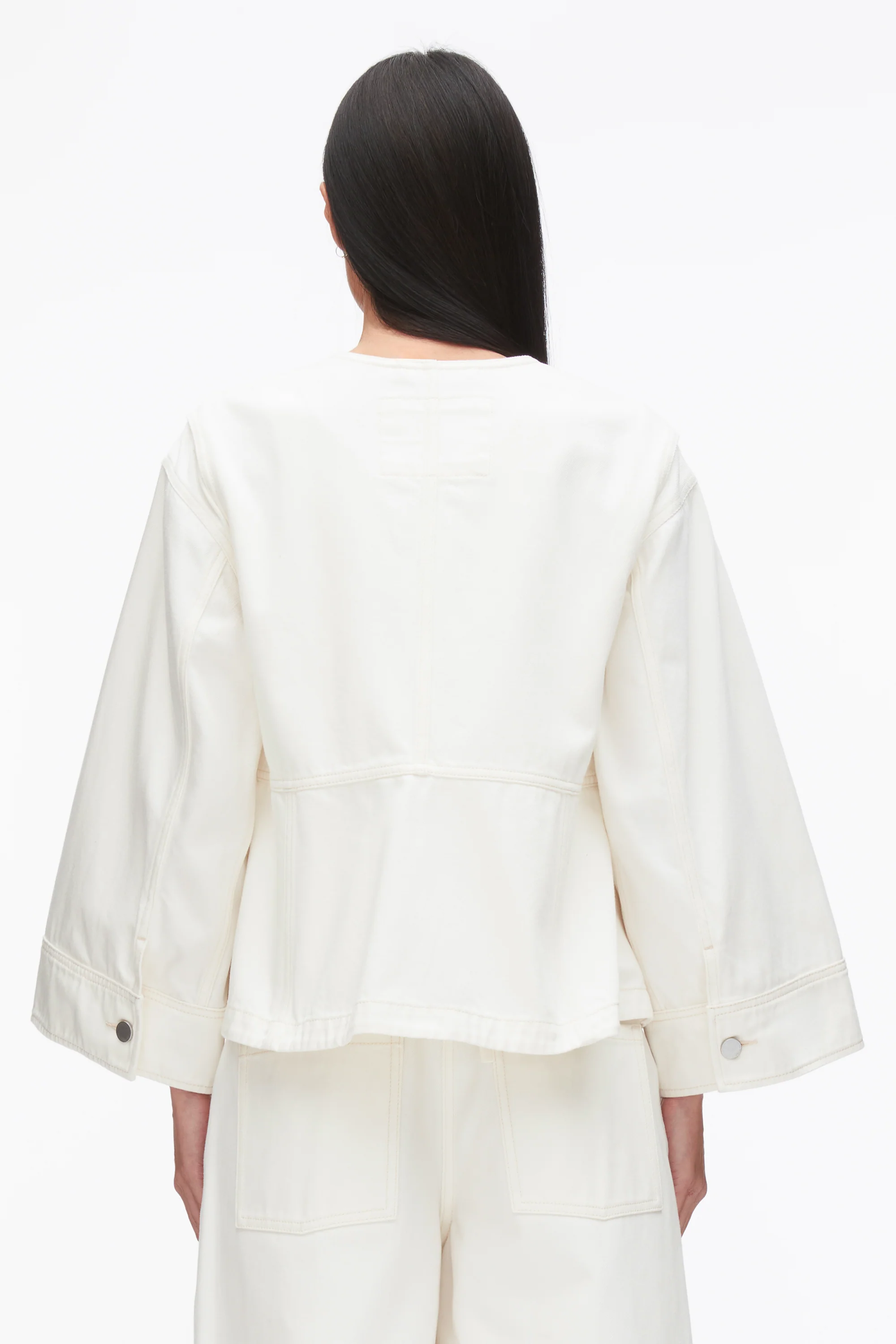 Collarless Trapeze Denim Jacket - Image 13