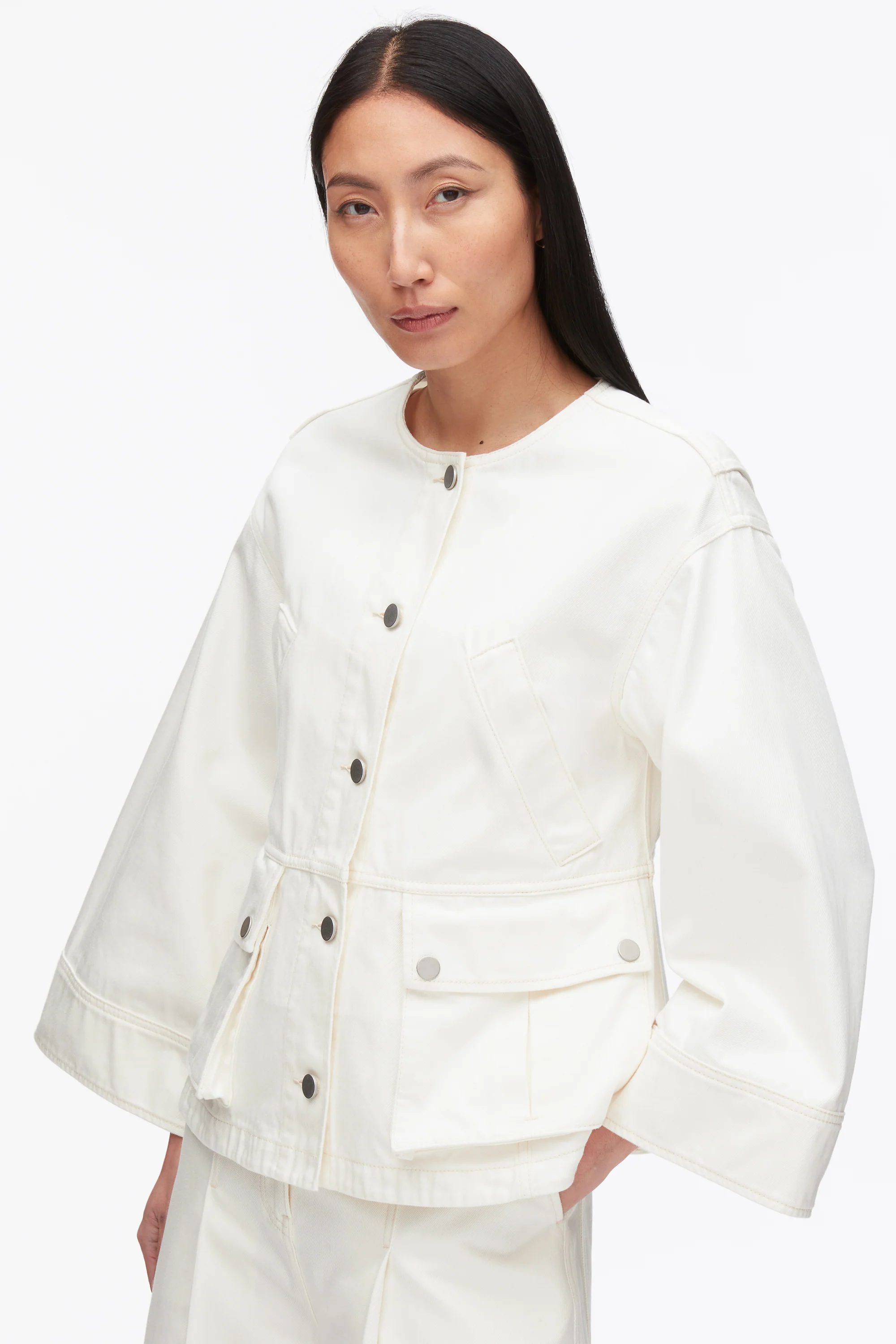 Collarless Trapeze Denim Jacket - Image 14