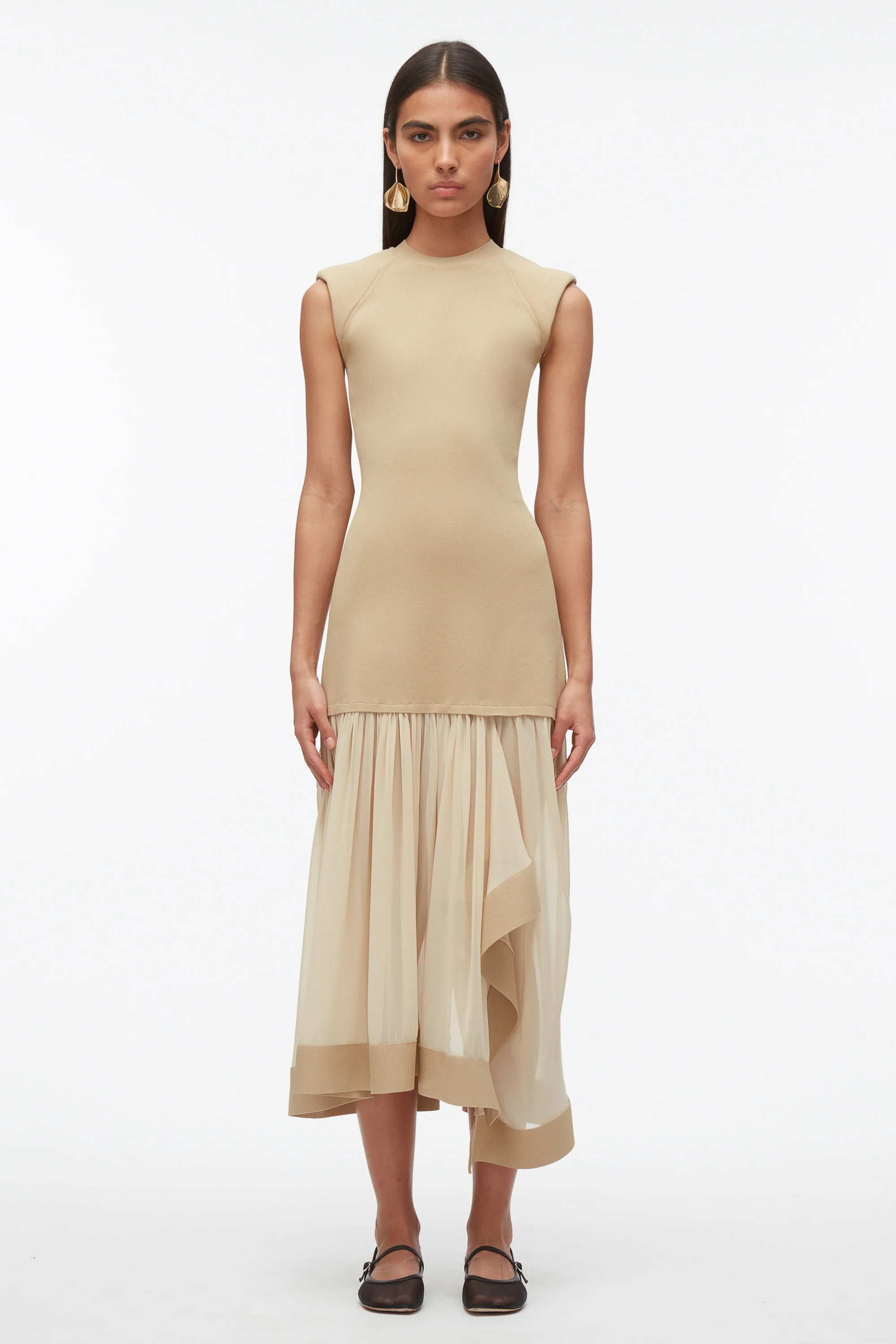 Compact Rib Dress with Chiffon Skirt - Image 11
