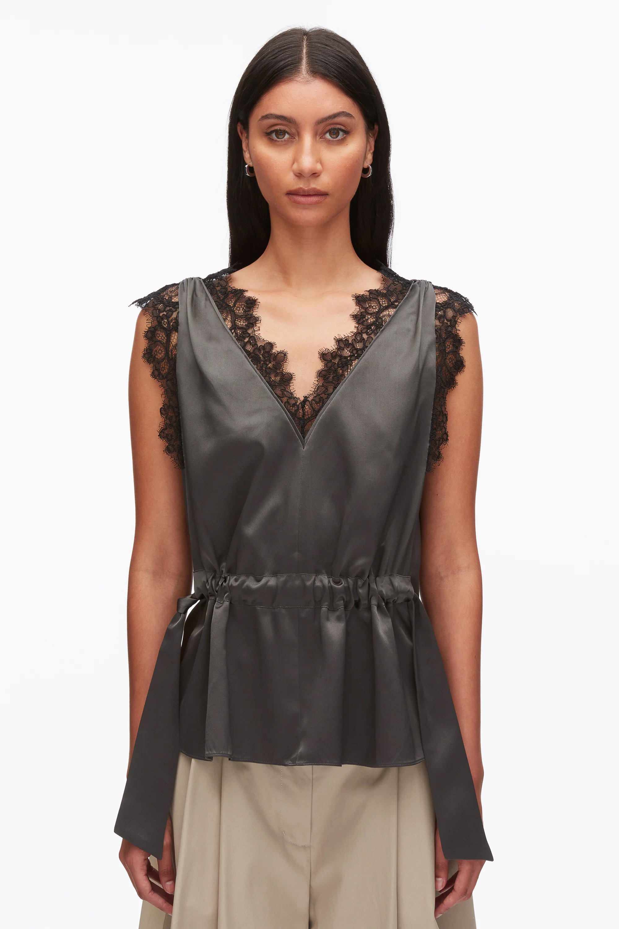 Sleeveless Satin V-Neck with Lace Trim - Image 10
