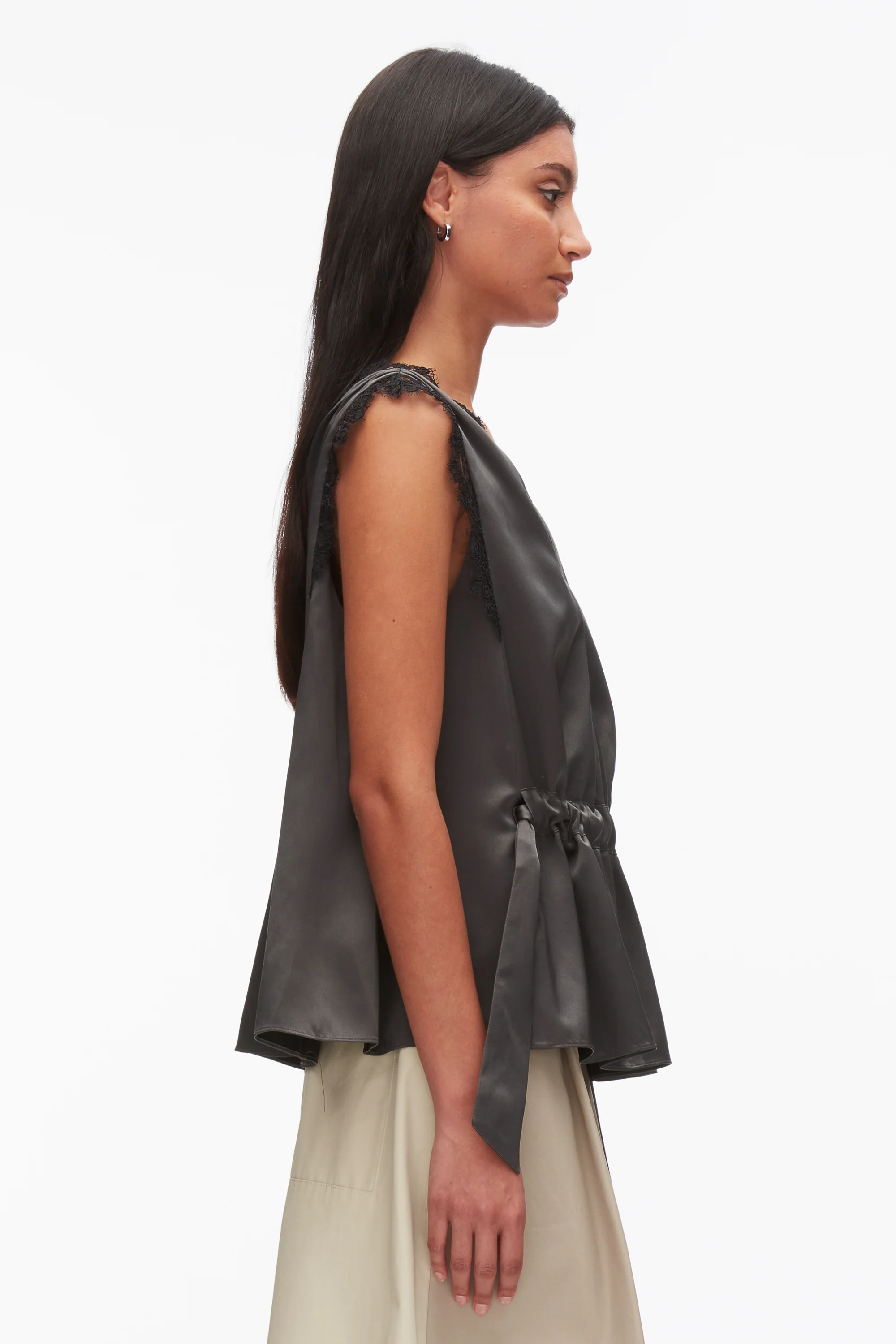 Sleeveless Satin V-Neck with Lace Trim - Image 11