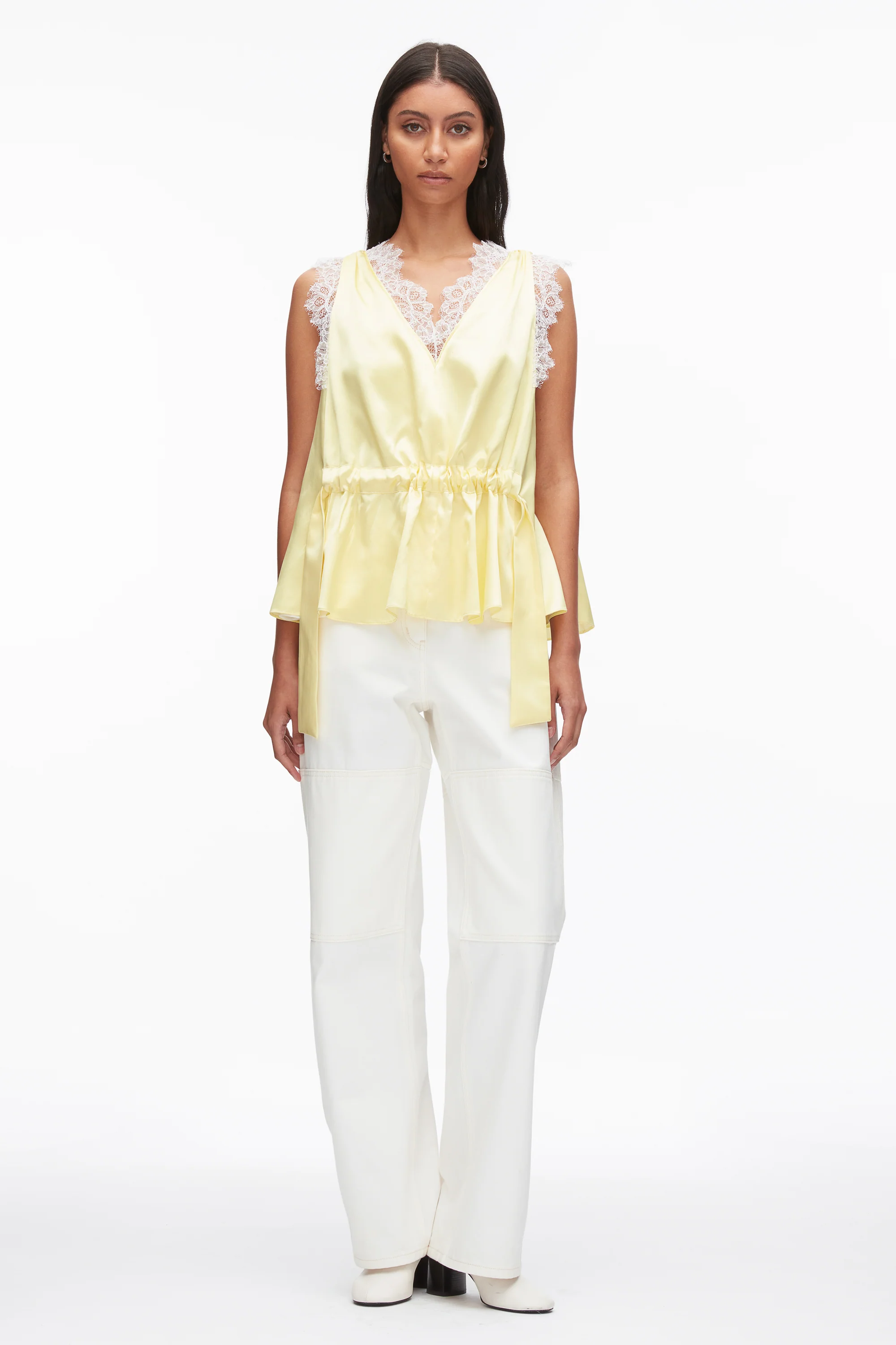 Sleeveless Satin V-Neck with Lace Trim - Image 2