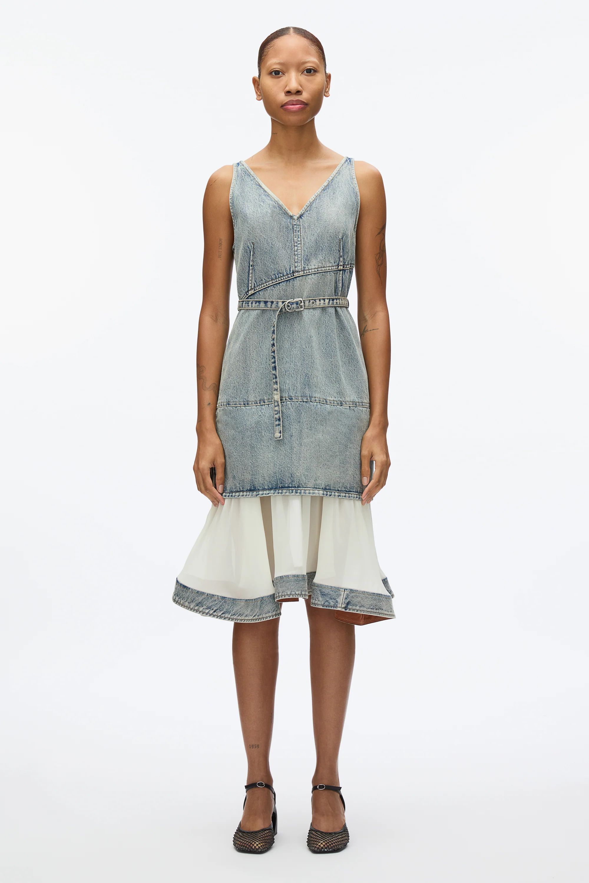 Denim V Neck Dress with Chiffon Hem - Image 2