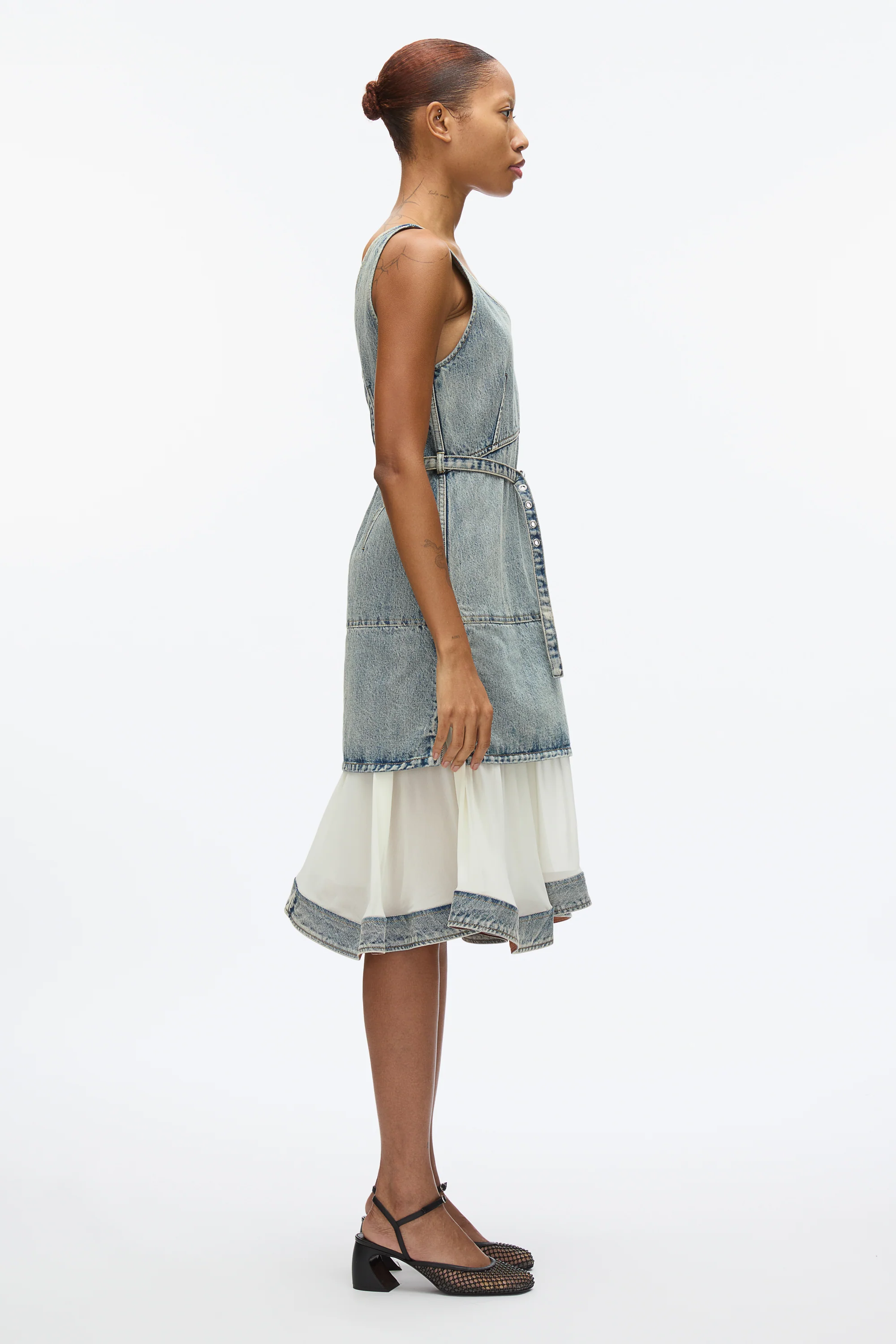 Denim V Neck Dress with Chiffon Hem - Image 3