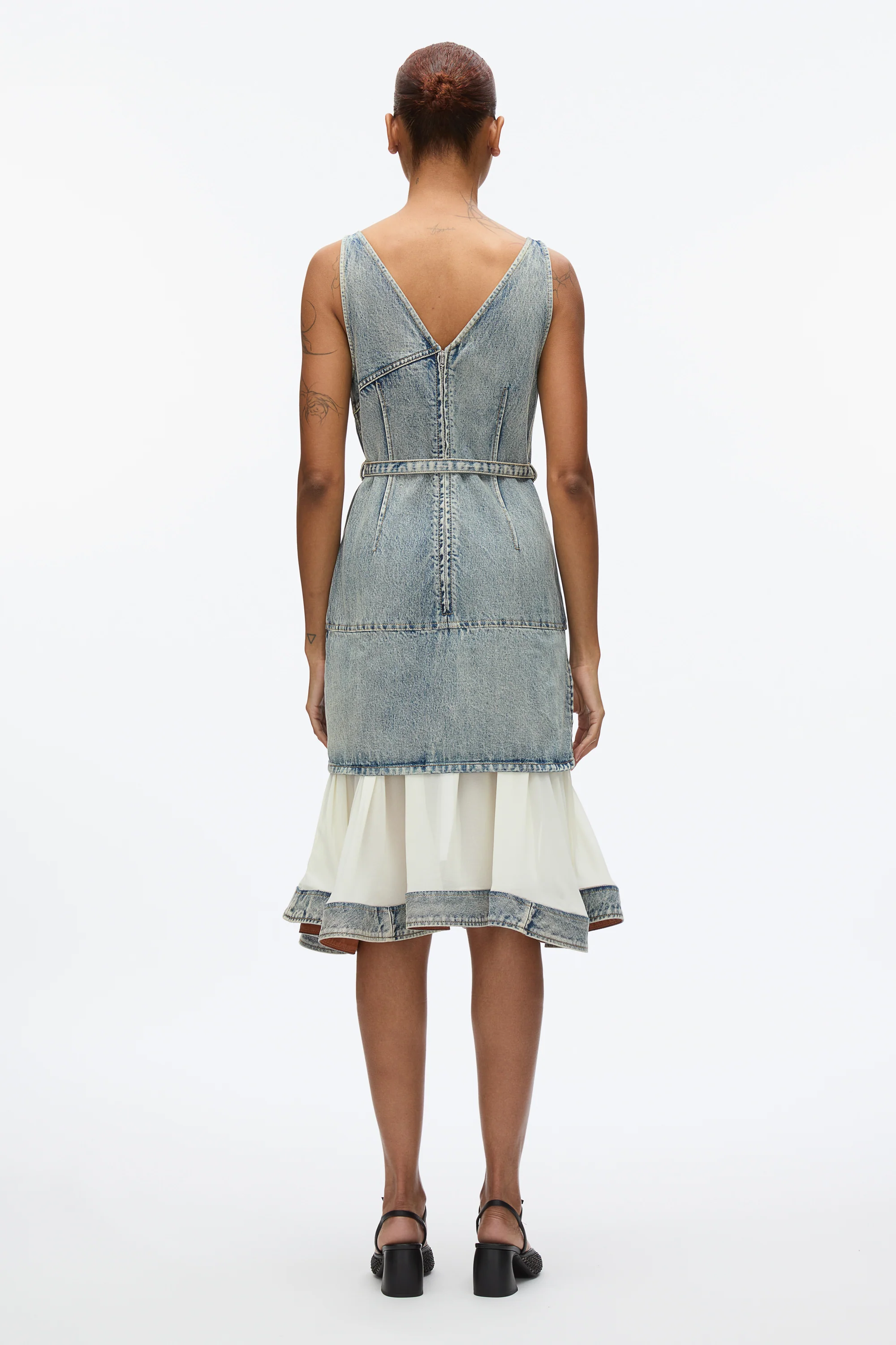Denim V Neck Dress with Chiffon Hem - Image 4
