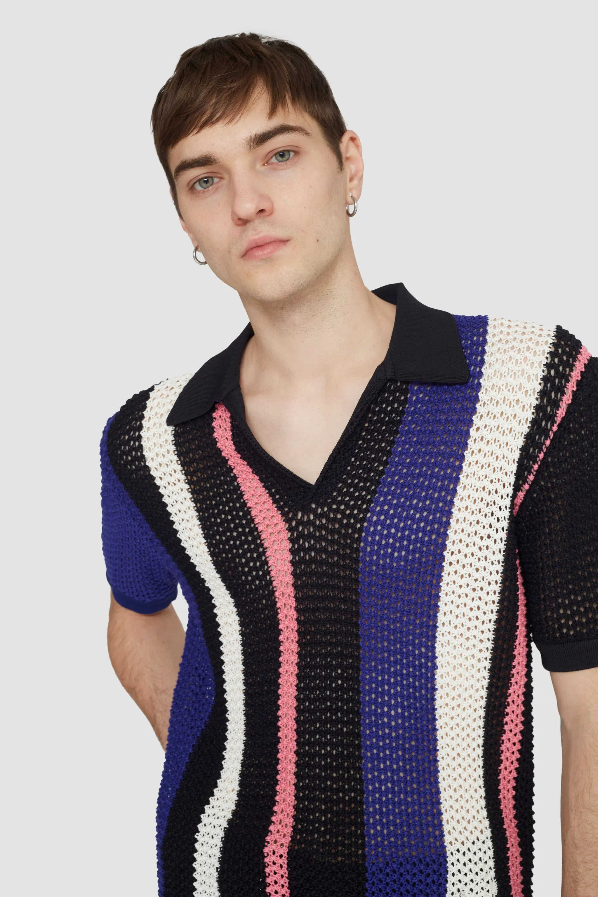 Short Sleeve Stripe Pointelle Polo Shirt - Image 2