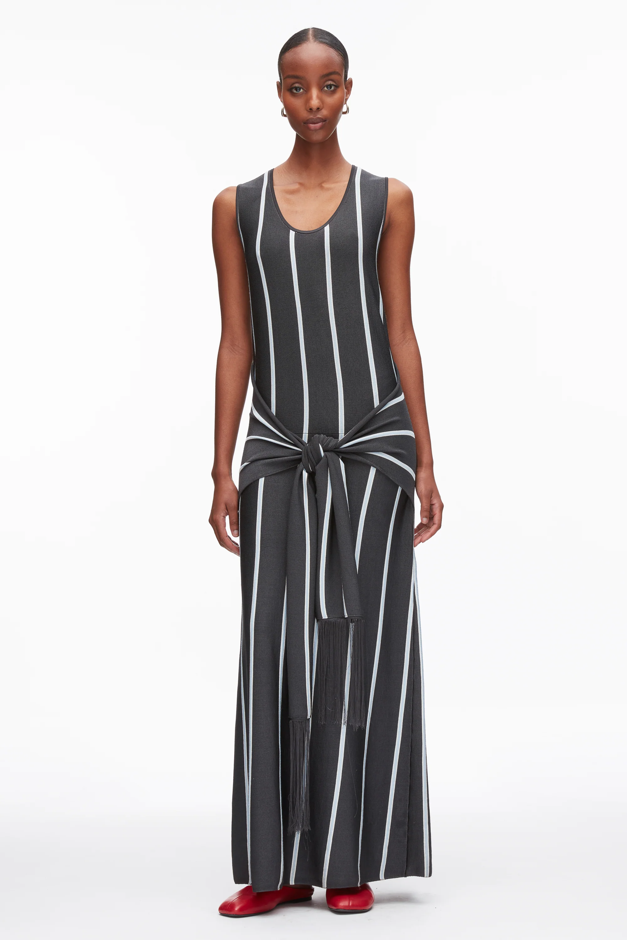 Stripe Midi Dress with Fringe Waist Tie - Image 8