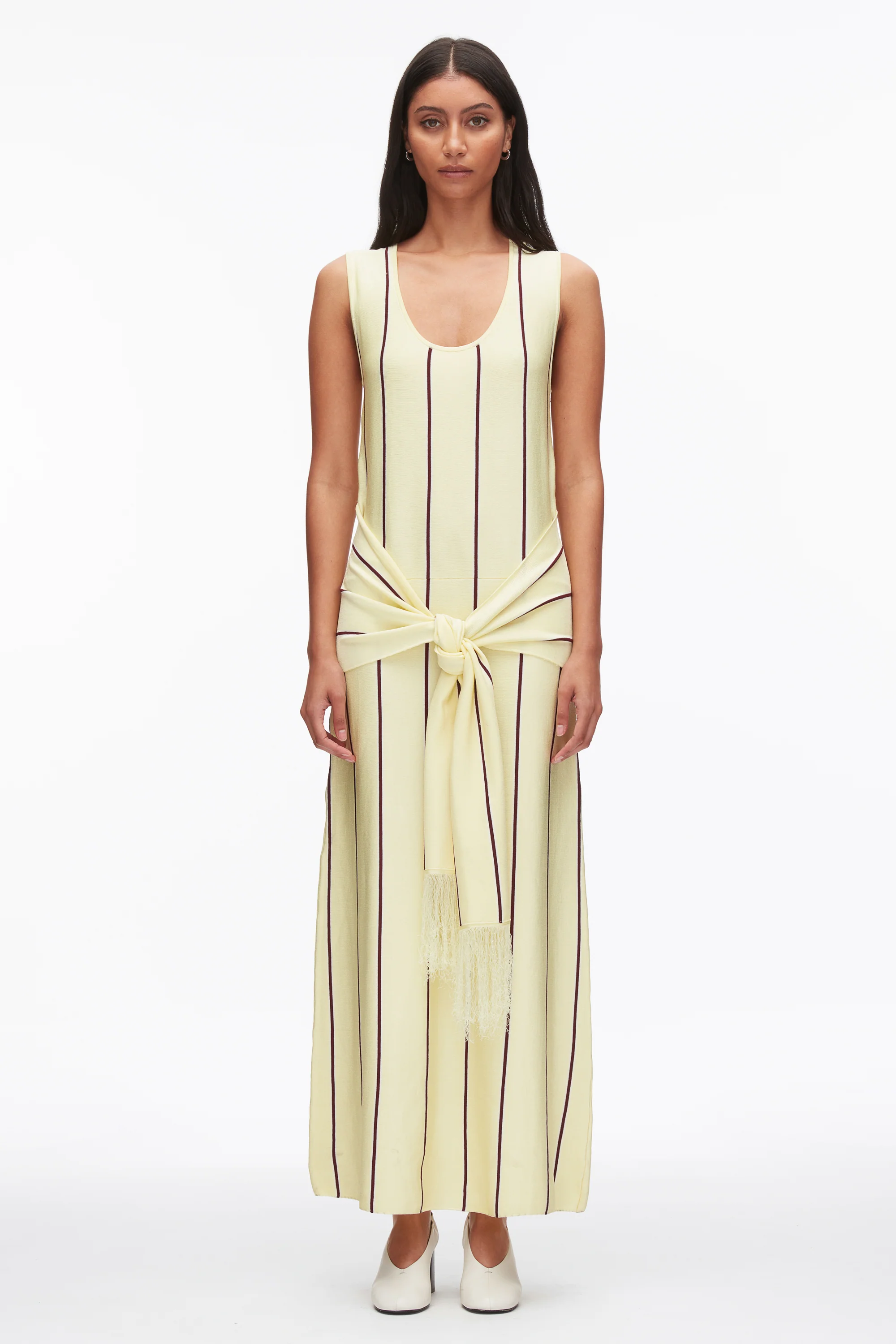 Stripe Midi Dress with Fringe Waist Tie - Image 2