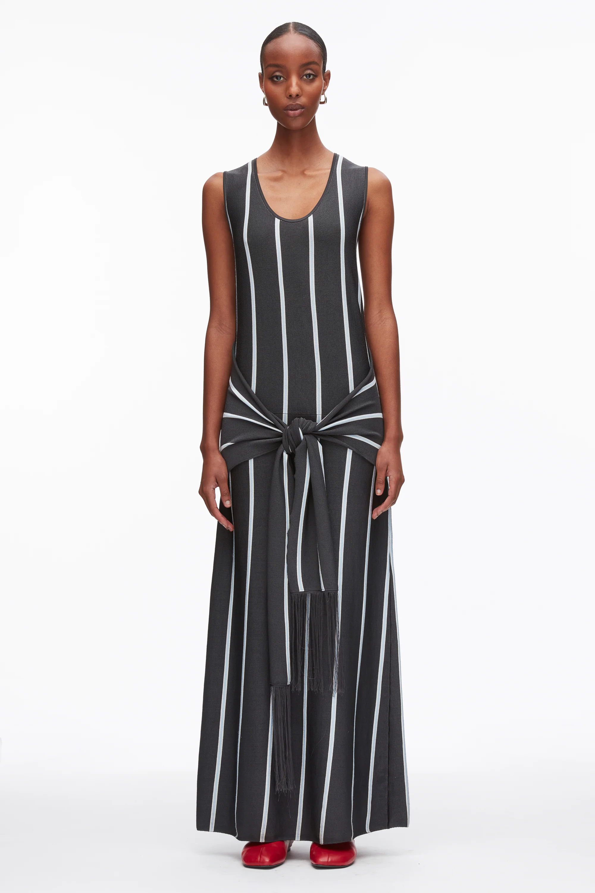 Stripe Midi Dress with Fringe Waist Tie - Image 9