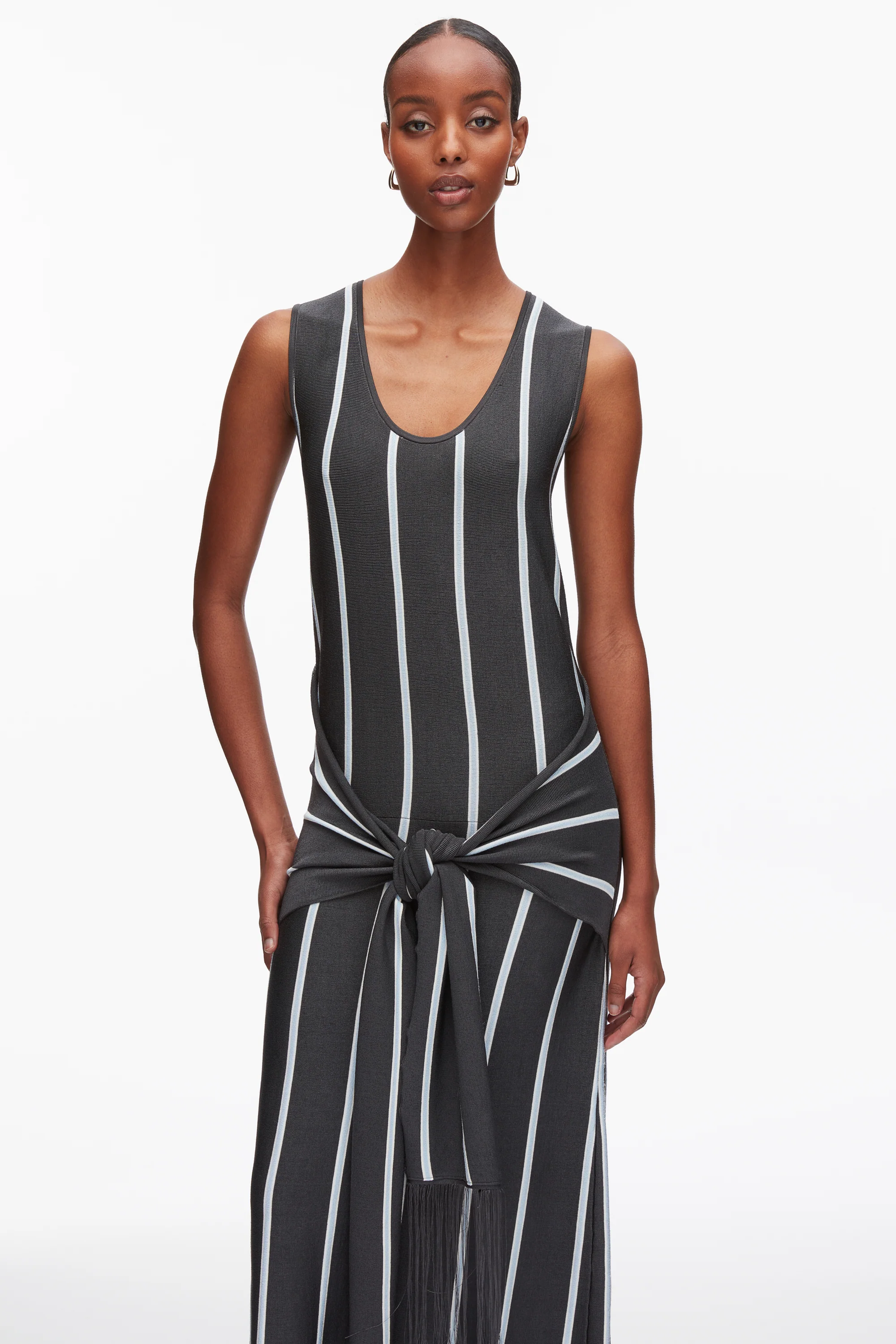 Stripe Midi Dress with Fringe Waist Tie - Image 12