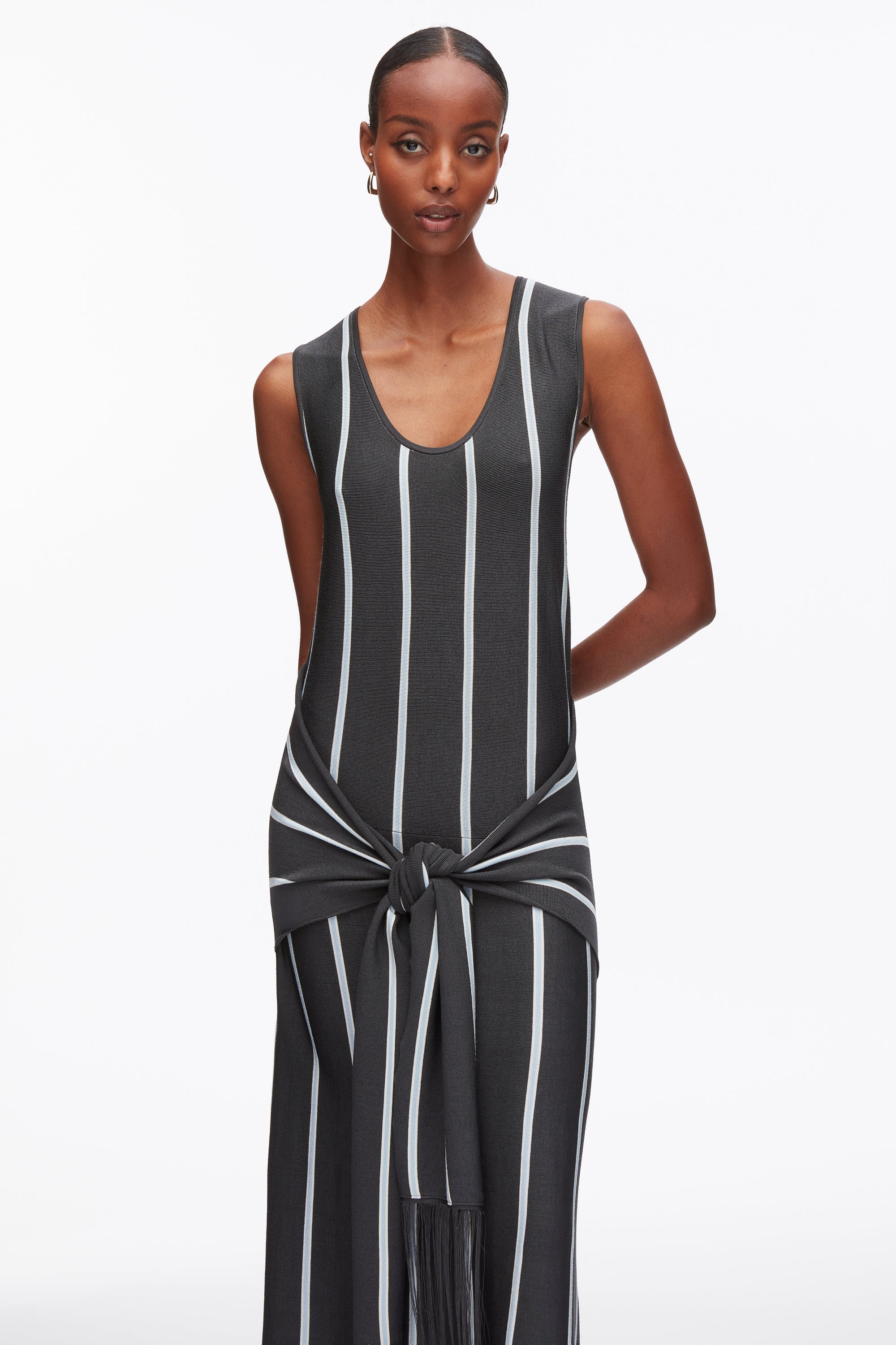 Stripe Midi Dress with Fringe Waist Tie - Image 13
