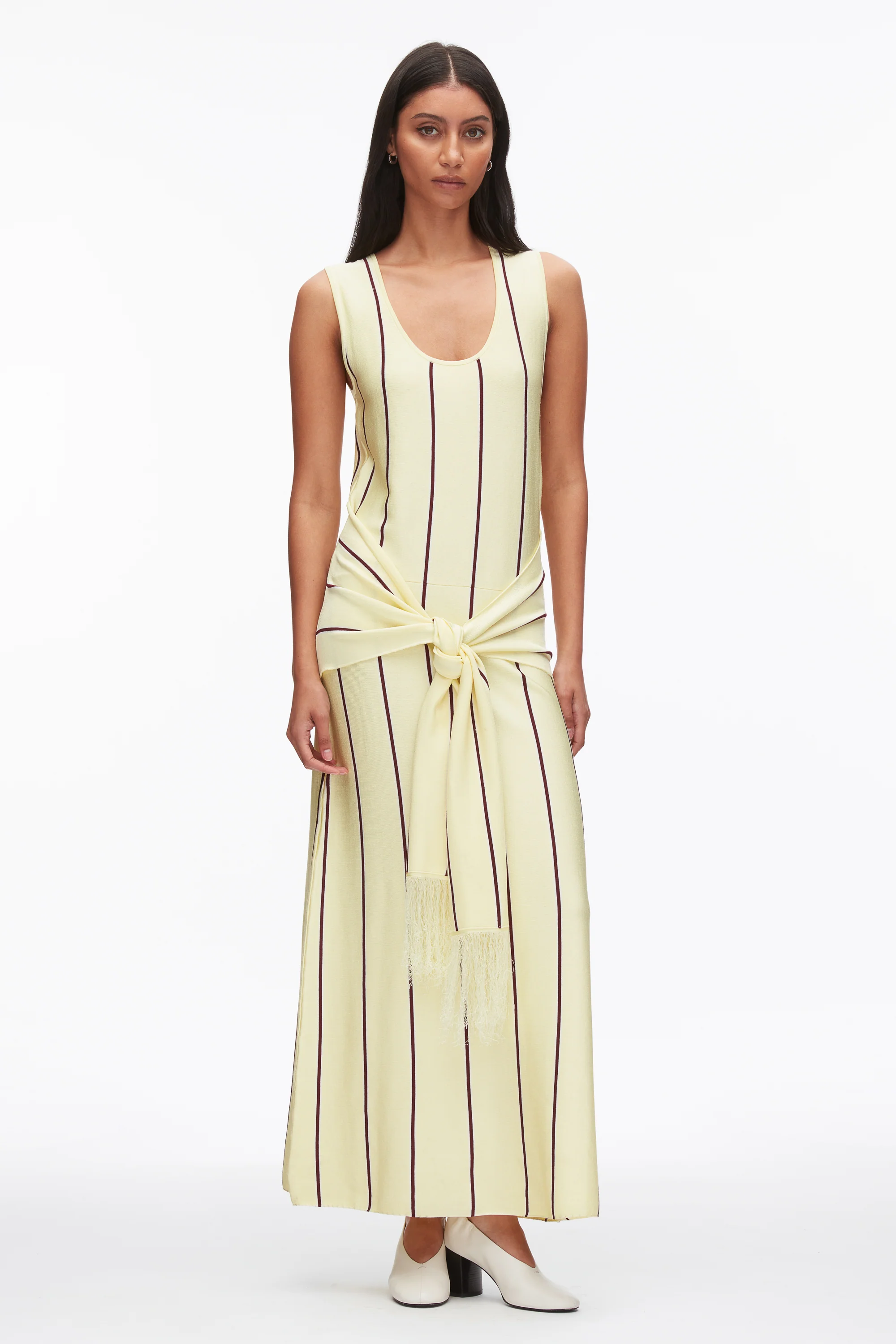 Stripe Midi Dress with Fringe Waist Tie