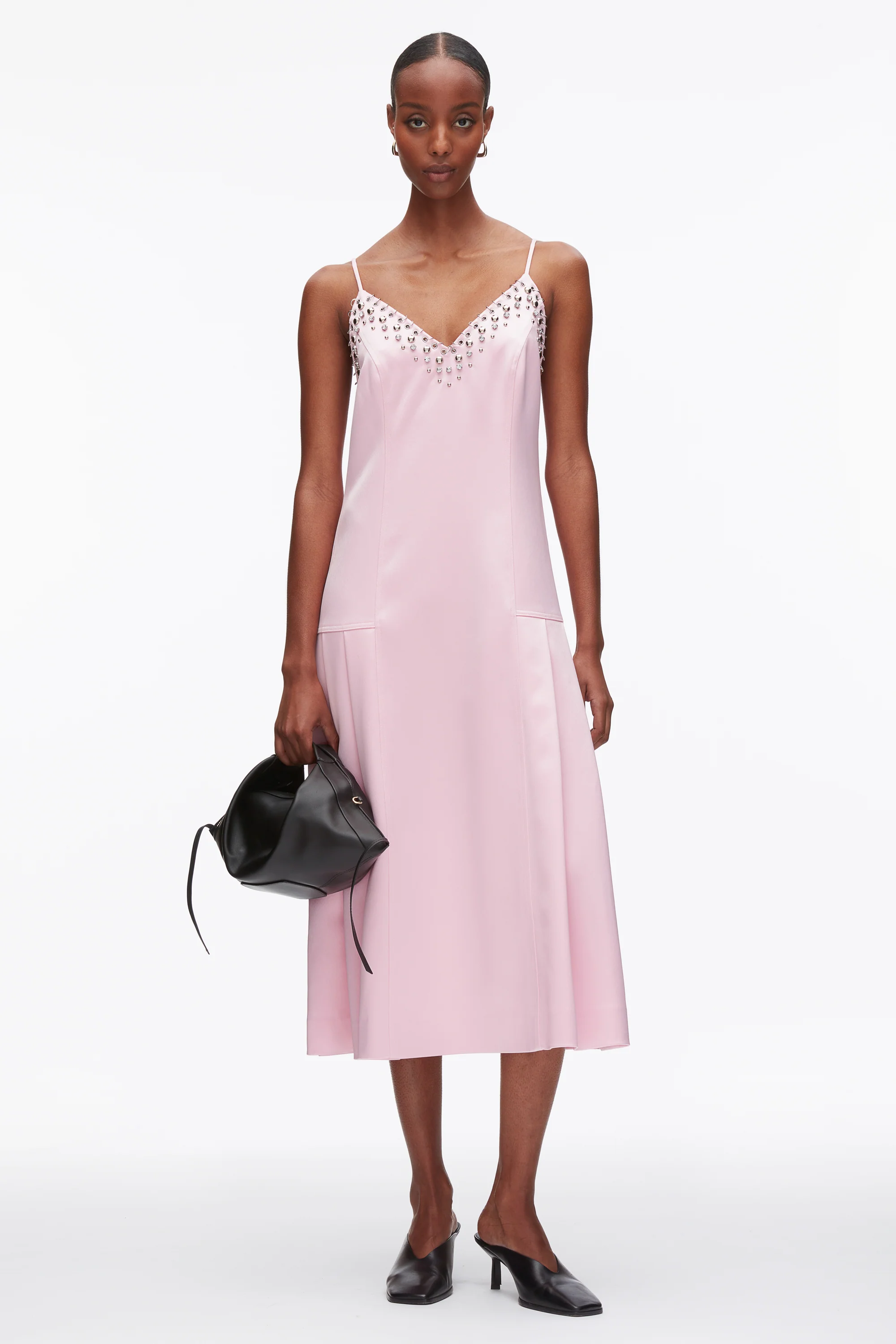 Studded Satin Pleated Cami Midi Dress